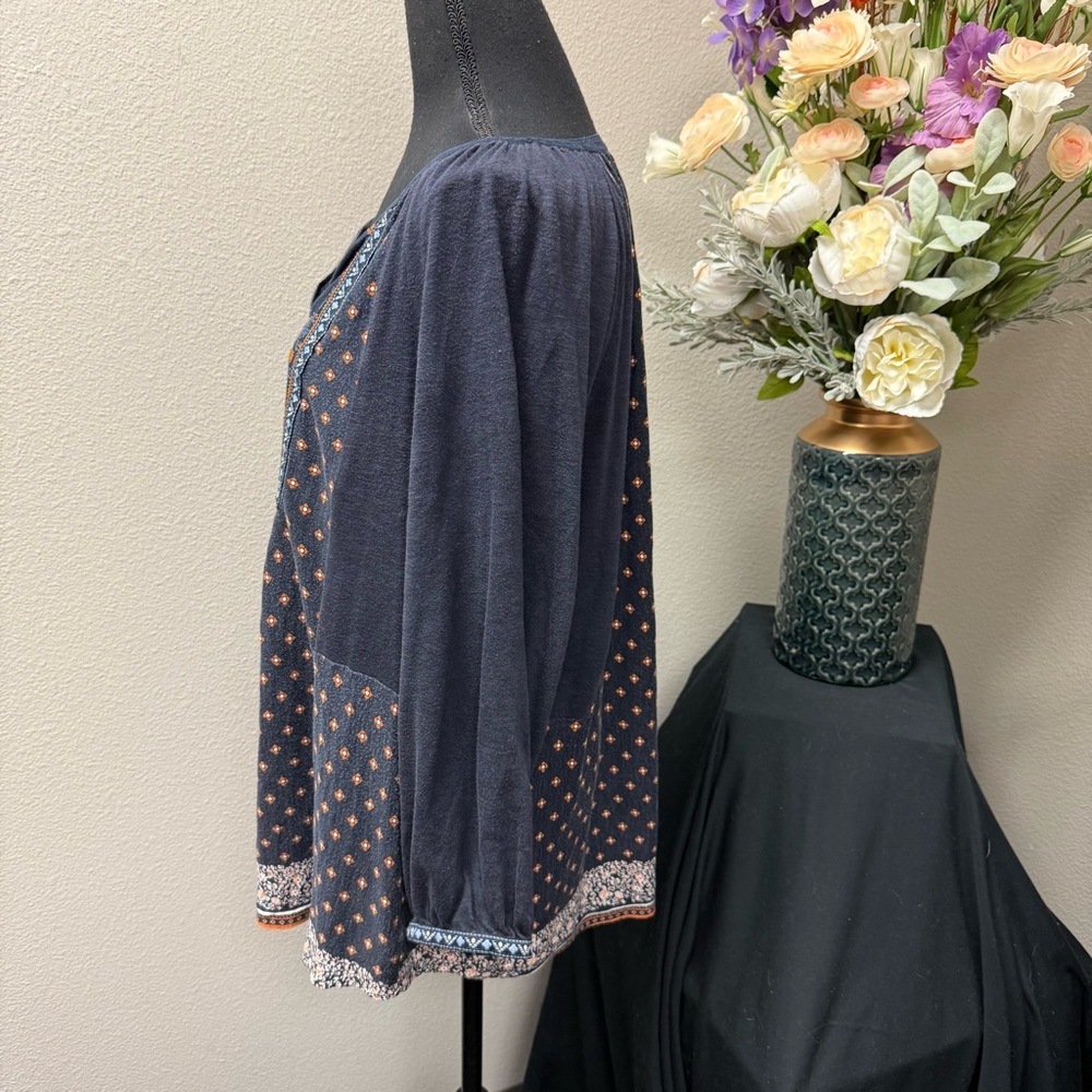 Vintage America Blues Navy Boho Embroidered Print Tunic Top XL Fall Casual - Picture 2 of 7